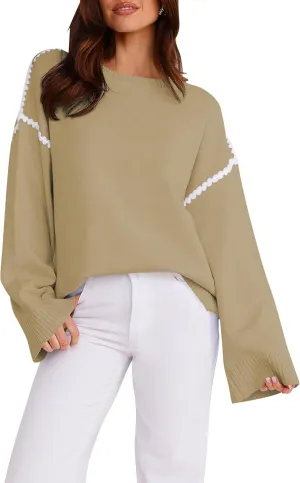 Women's Oversized Sweaters Loose Fit Fall Crewneck Color Block Knit Pullover Sweater Tops
