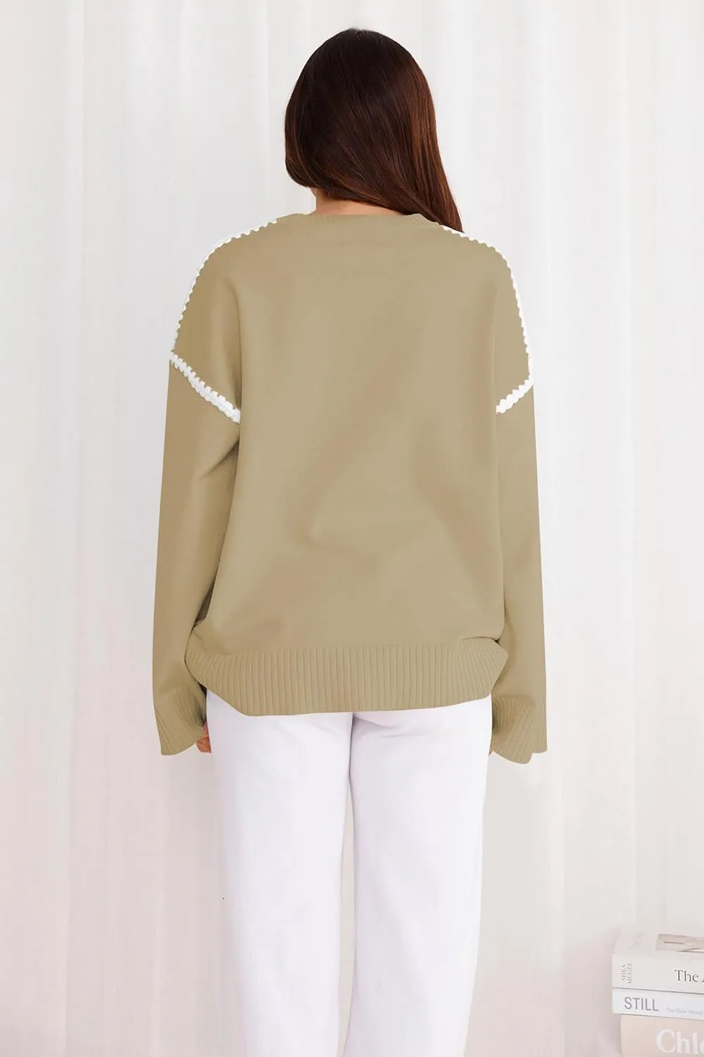 Women's Oversized Sweaters Loose Fit Fall Crewneck Color Block Knit Pullover Sweater Tops