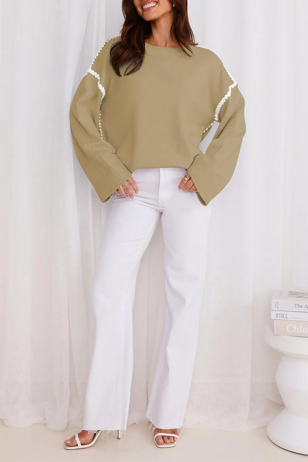 Women's Oversized Sweaters Loose Fit Fall Crewneck Color Block Knit Pullover Sweater Tops