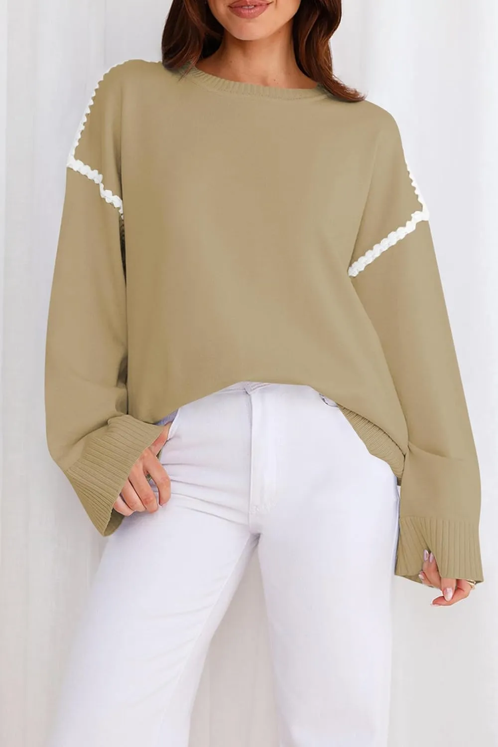 Women's Oversized Sweaters Loose Fit Fall Crewneck Color Block Knit Pullover Sweater Tops