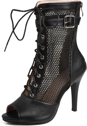 Women's Peep Toe Mesh Lace-Up Stiletto High Heel Sandals Summer Breathable Comfortable Back Zipper Gladiator Sandals Booties Sexy Dance Shoes