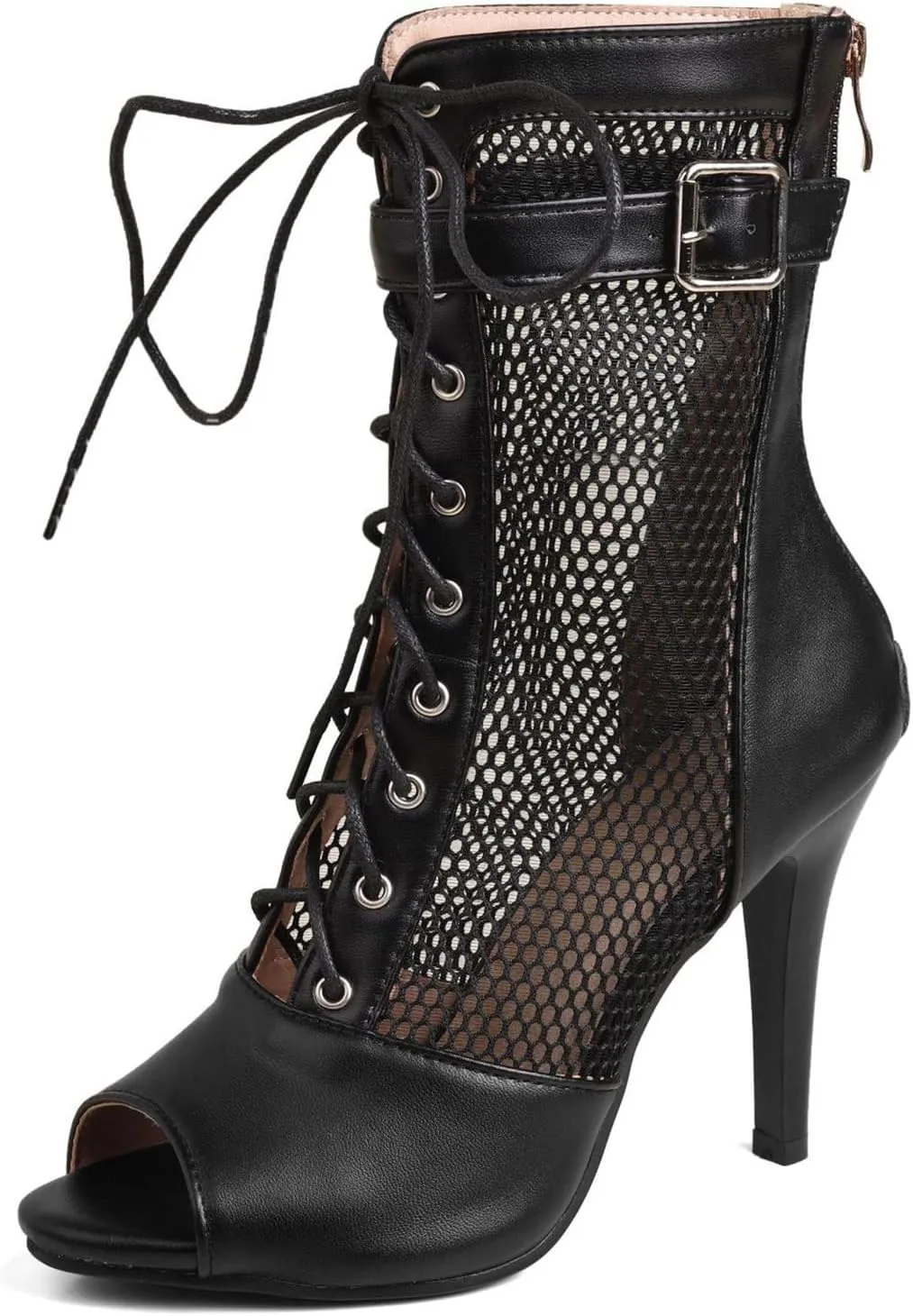 Women's Peep Toe Mesh Lace-Up Stiletto High Heel Sandals Summer Breathable Comfortable Back Zipper Gladiator Sandals Booties Sexy Dance Shoes