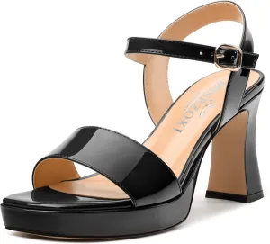 Womens Platform Sandals, Chunky High Heel Sqaure Teo Sandals, Open Toe Comfort Dress Sandals for Women, Ankle Strap Buckle Patent Sandals