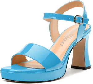Womens Platform Sandals, Chunky High Heel Sqaure Teo Sandals, Open Toe Comfort Dress Sandals for Women, Ankle Strap Buckle Patent Sandals