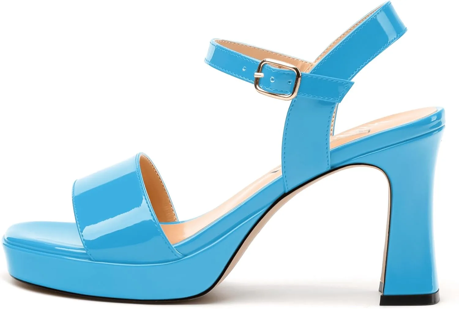 Womens Platform Sandals, Chunky High Heel Sqaure Teo Sandals, Open Toe Comfort Dress Sandals for Women, Ankle Strap Buckle Patent Sandals