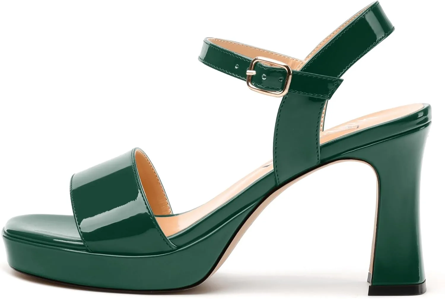 Womens Platform Sandals, Chunky High Heel Sqaure Teo Sandals, Open Toe Comfort Dress Sandals for Women, Ankle Strap Buckle Patent Sandals