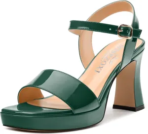 Womens Platform Sandals, Chunky High Heel Sqaure Teo Sandals, Open Toe Comfort Dress Sandals for Women, Ankle Strap Buckle Patent Sandals