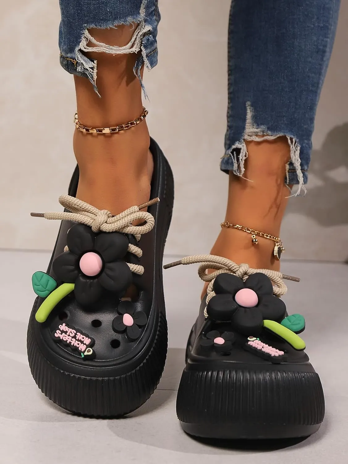 Women's Platform Slide Sandals with Bow and Flower Charms, Cavernous Upper