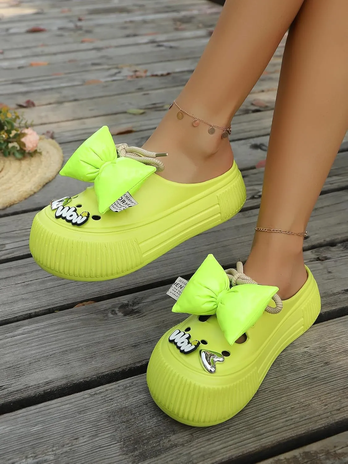 Women's Platform Slide Sandals with Bow and Flower Charms, Cavernous Upper