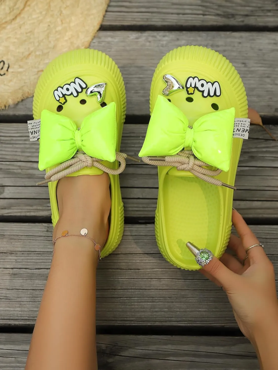 Women's Platform Slide Sandals with Bow and Flower Charms, Cavernous Upper