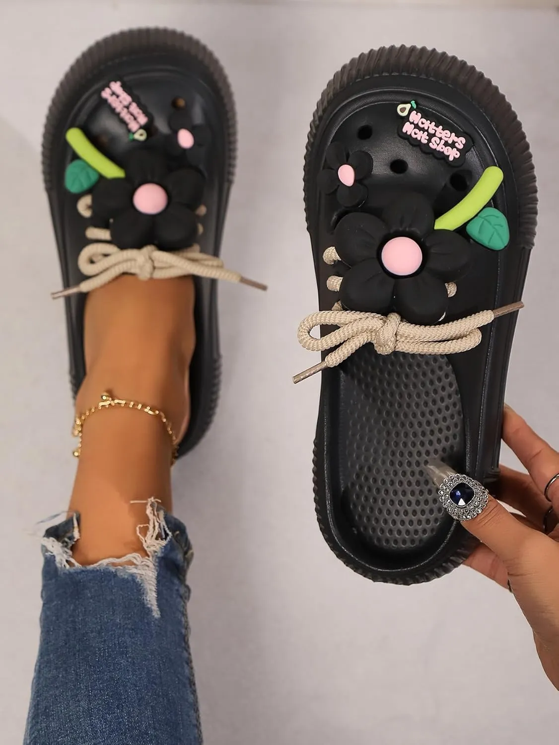 Women's Platform Slide Sandals with Bow and Flower Charms, Cavernous Upper