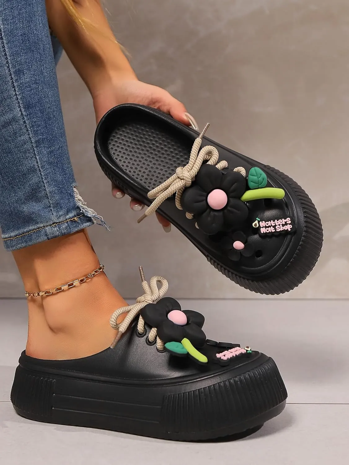 Women's Platform Slide Sandals with Bow and Flower Charms, Cavernous Upper