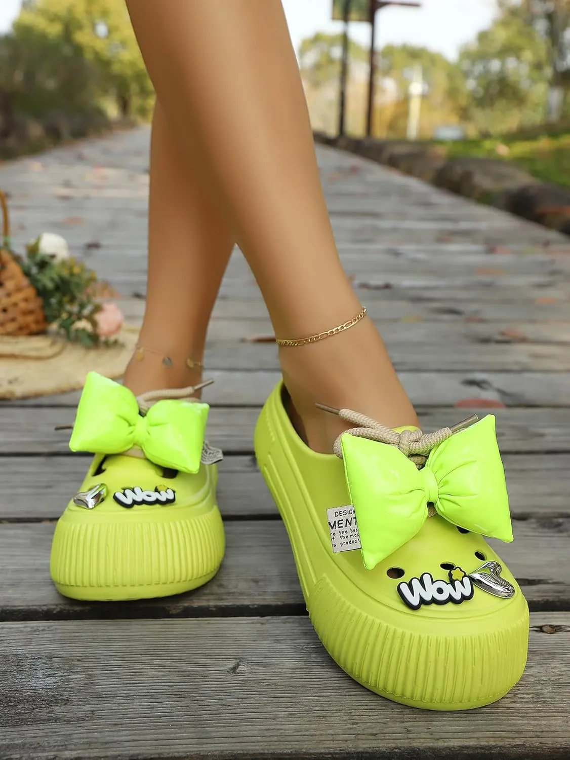 Women's Platform Slide Sandals with Bow and Flower Charms, Cavernous Upper