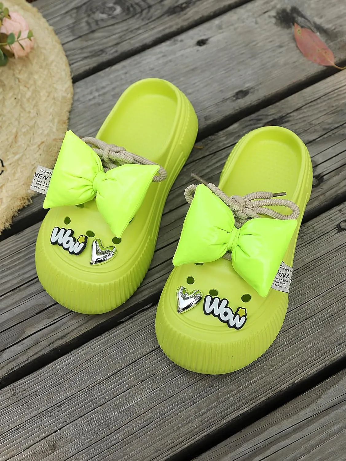 Women's Platform Slide Sandals with Bow and Flower Charms, Cavernous Upper