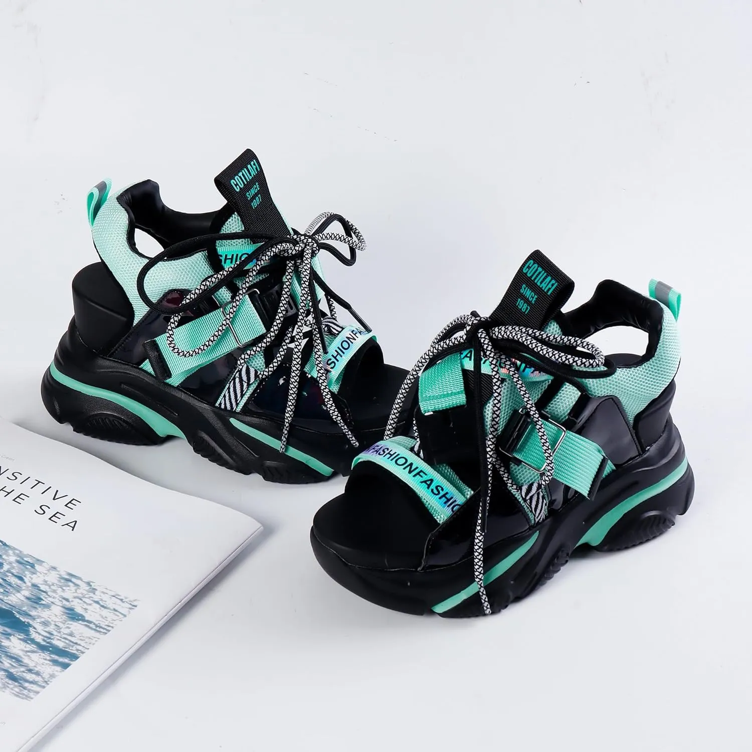 Women's Platform Wedge Sandals, Open-toe Colored Casual Slope Heel Sandals, Lace-up Light Sports Shoes, Muffin Shoes Cushion Slip-on Design Lightweight Comfort