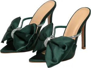 Women's Pointed Open Toe Bow High Heeled Mules Fashion Rhinestone Backless Slip On Stiletto Dress Sandals for Party Wedding