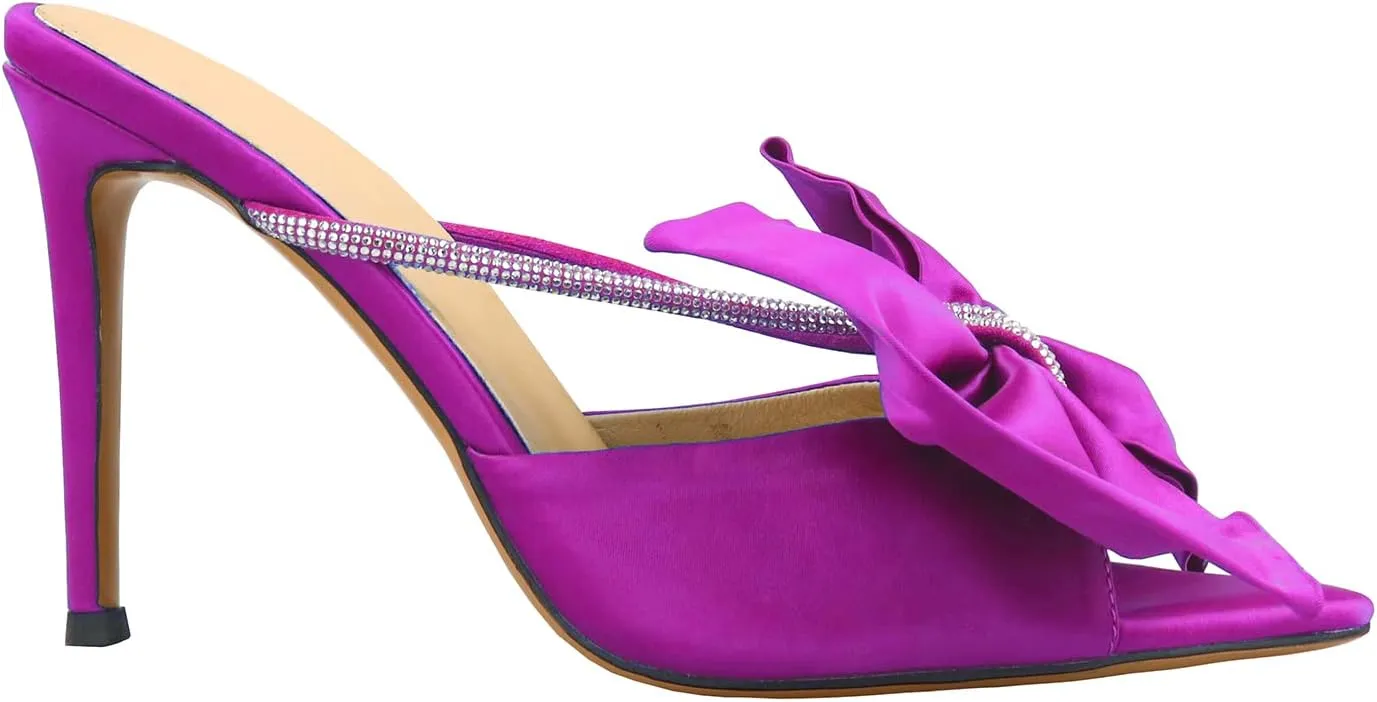 Women's Pointed Open Toe Satin Rhinestone Bow-knot Stiletto High Heel Strappy Mule Sandals For Wedding