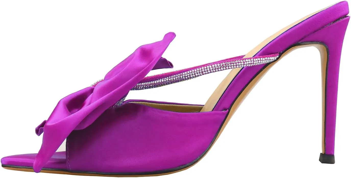 Women's Pointed Open Toe Satin Rhinestone Bow-knot Stiletto High Heel Strappy Mule Sandals For Wedding