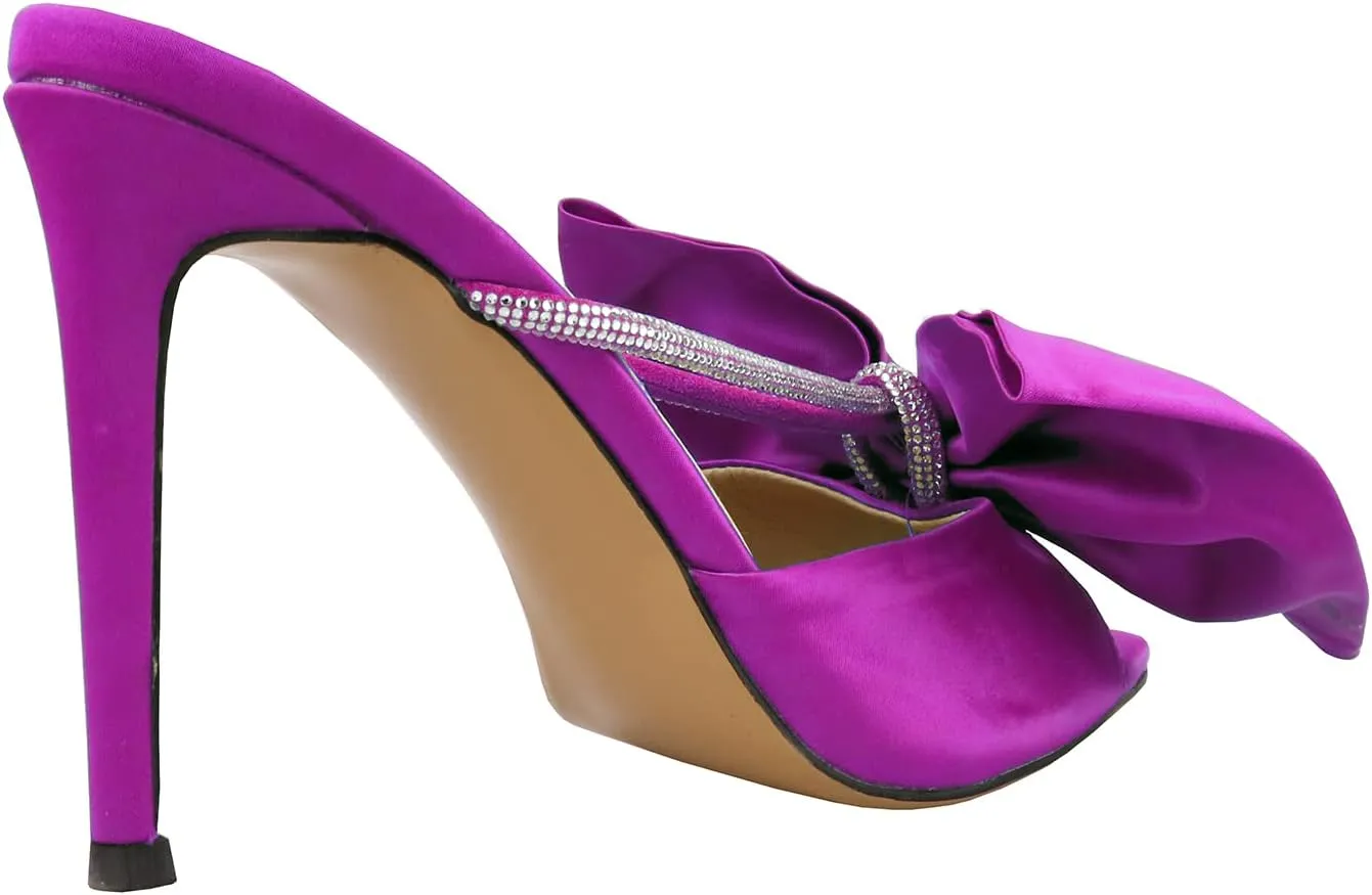 Women's Pointed Open Toe Satin Rhinestone Bow-knot Stiletto High Heel Strappy Mule Sandals For Wedding