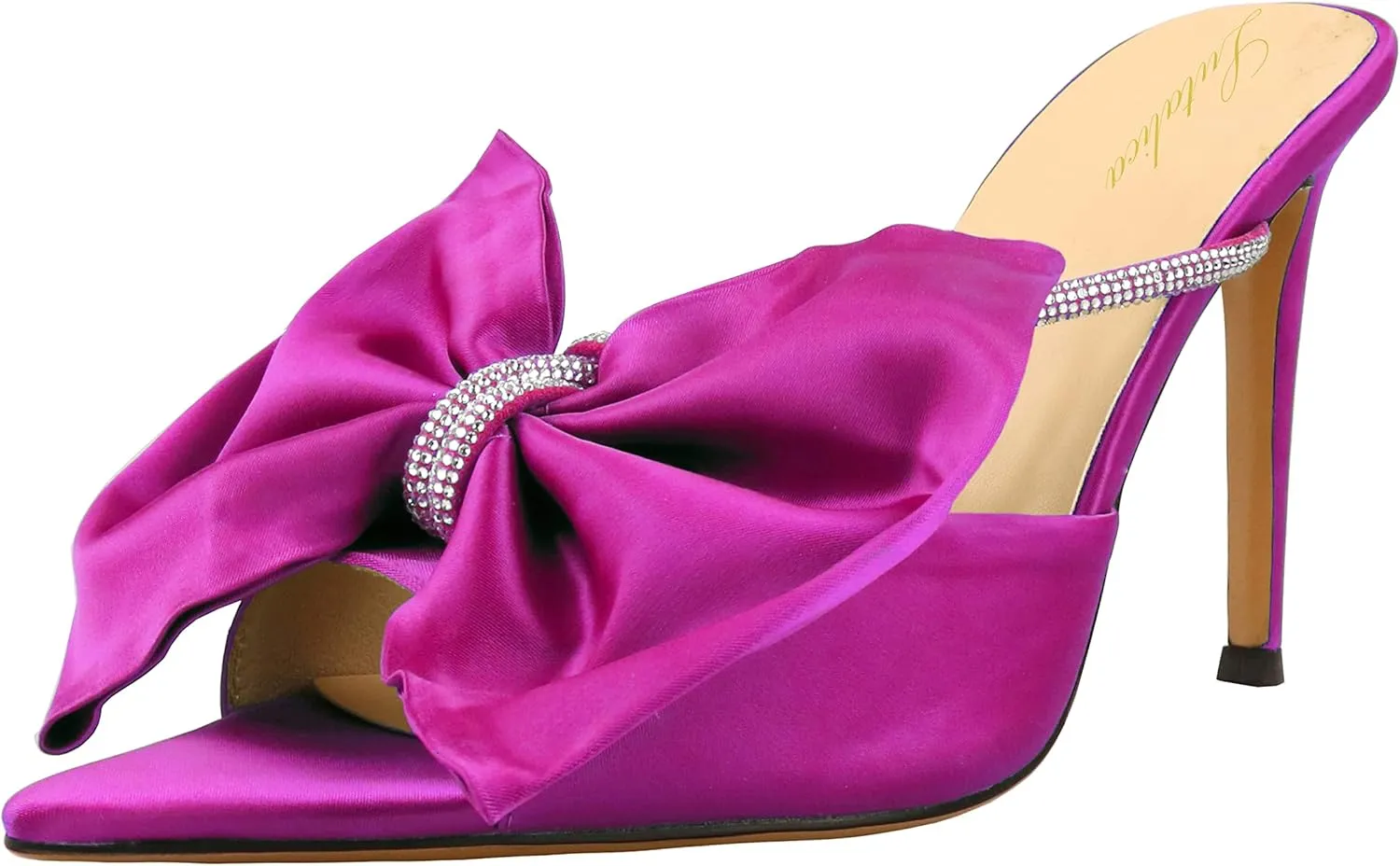 Women's Pointed Open Toe Satin Rhinestone Bow-knot Stiletto High Heel Strappy Mule Sandals For Wedding