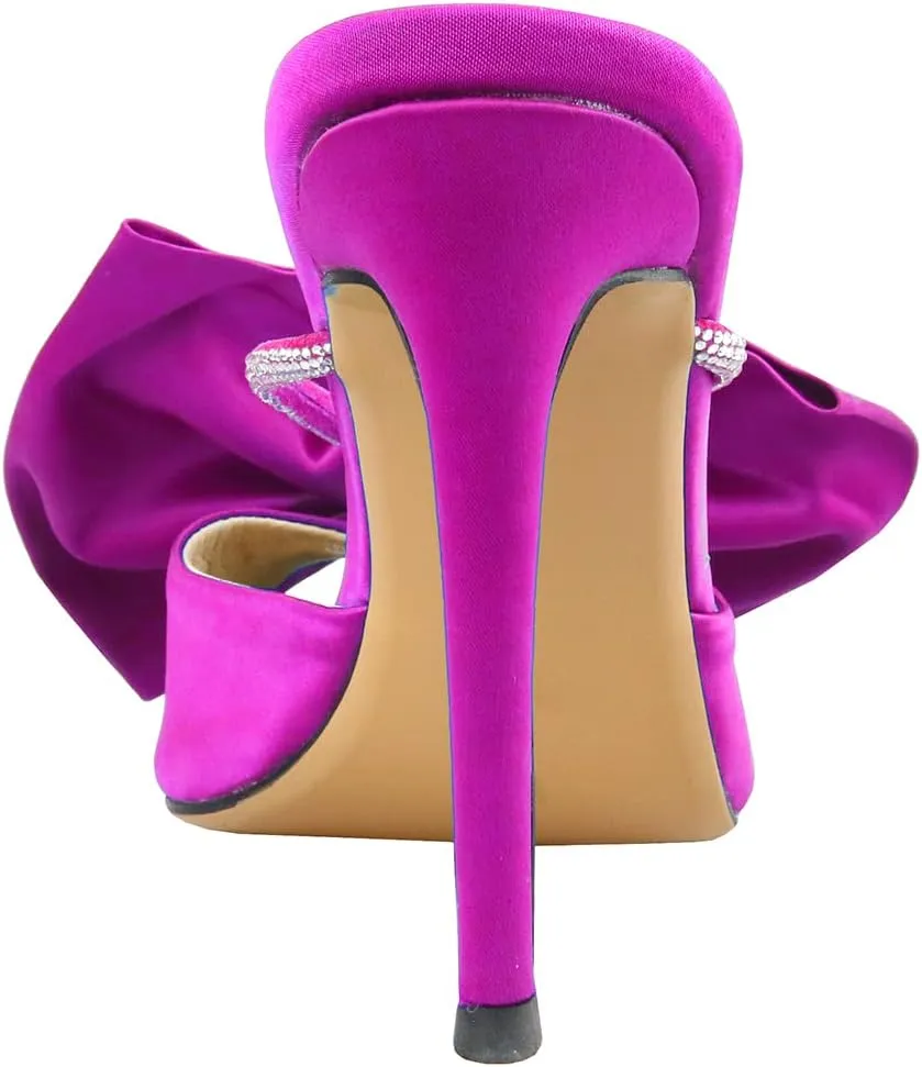Women's Pointed Open Toe Satin Rhinestone Bow-knot Stiletto High Heel Strappy Mule Sandals For Wedding
