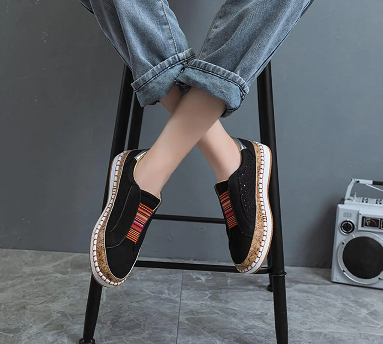 Women's Retro Casua Sneakers Garden Clogs Shoes Orthopedic Slip-On Shoes Walking Shoes Flat Casual Shoes