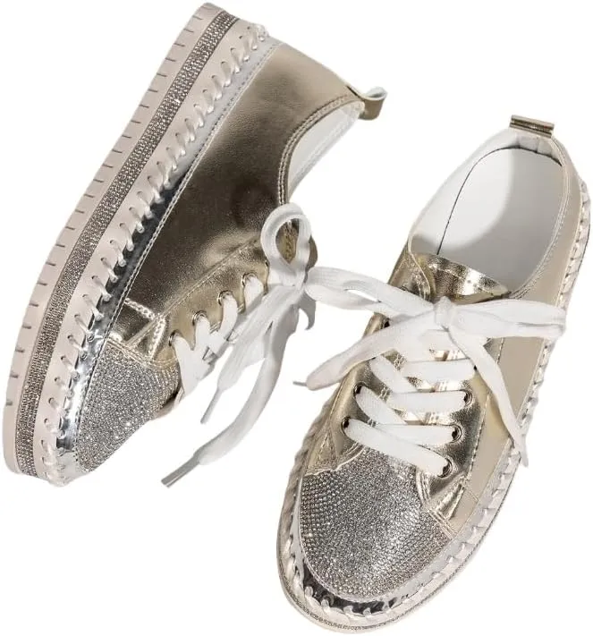 Women’s Rhinestone Decor Sneakers - Plus Size Casual Lace-Up Outdoor Low Top Shoes | Stylish & Comfortable Everyday Footwear