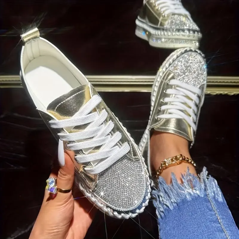 Women’s Rhinestone Decor Sneakers - Plus Size Casual Lace-Up Outdoor Low Top Shoes | Stylish & Comfortable Everyday Footwear