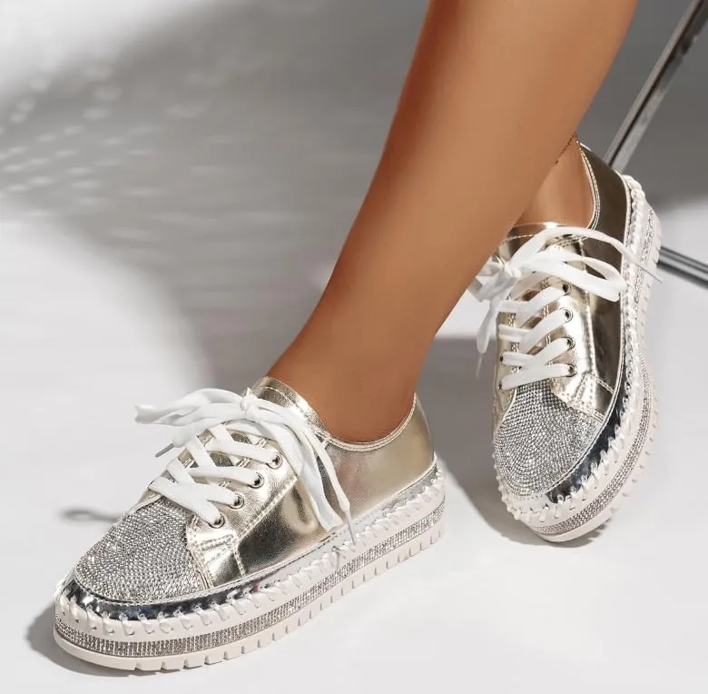 Women’s Rhinestone Decor Sneakers - Plus Size Casual Lace-Up Outdoor Low Top Shoes | Stylish & Comfortable Everyday Footwear