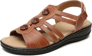 Womens Sandals Flats Comfort Leather Walking Orthopedic Sandals Casual Summer Shoes with Arch Support for Dressy Beach Hiking Vacation Camping Travel Pool Shopping Dating Water sports