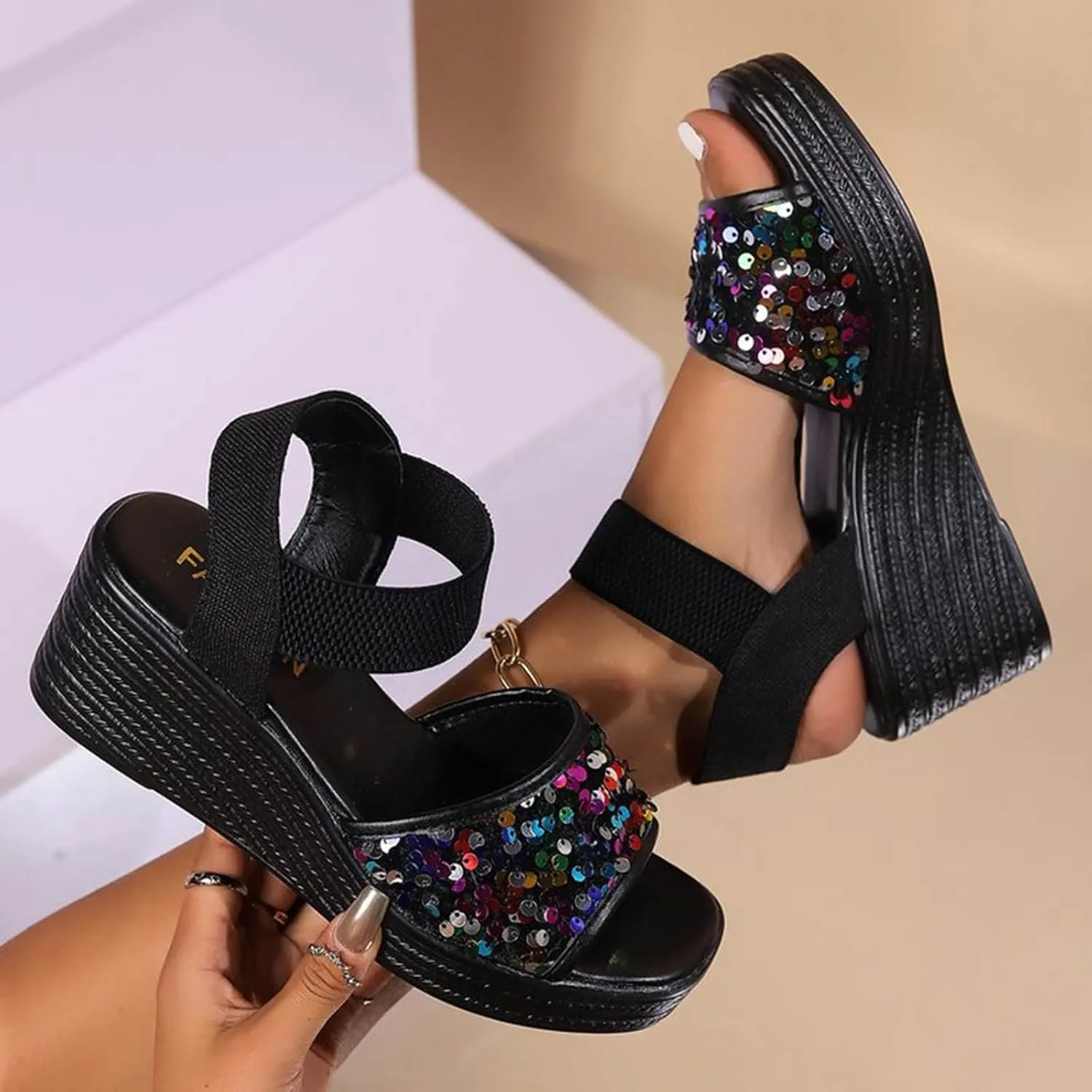 Women's Sandals Women's Slope High Heel Sandals Sequin Fashion Casual Sandals Women Slippers & Sandal Flat for Women