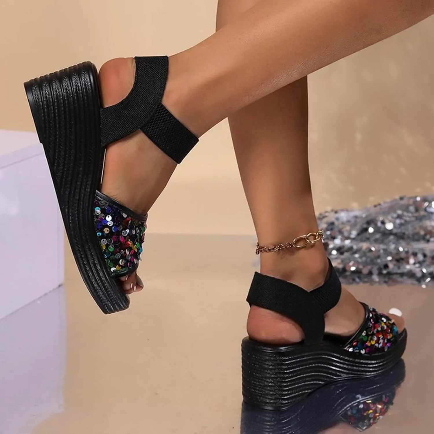 Women's Sandals Women's Slope High Heel Sandals Sequin Fashion Casual Sandals Women Slippers & Sandal Flat for Women