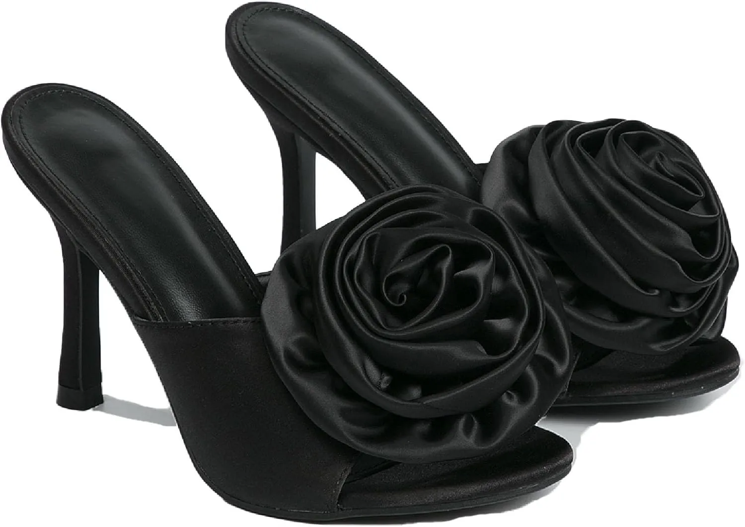 Women's Satin 3D Flower Pointed Toe Kitten Heel Sandals Mules Fashion Fish Mouth Slip On Non-Slip Dress Stiletto Sandals for Prom Party Wedding Sexy Satin Pumps