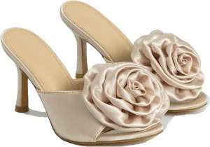 Women's Satin 3D Flower Pointed Toe Kitten Heel Sandals Mules Fashion Fish Mouth Slip On Non-Slip Dress Stiletto Sandals for Prom Party Wedding Sexy Satin Pumps