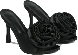 Women's Satin 3D Flower Pointed Toe Kitten Heel Sandals Mules Fashion Fish Mouth Slip On Non-Slip Dress Stiletto Sandals for Prom Party Wedding Sexy Satin Pumps