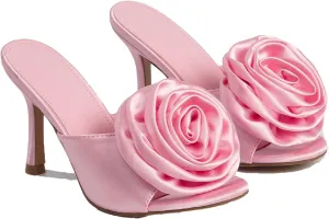 Women's Satin 3D Flower Pointed Toe Kitten Heel Sandals Mules Fashion Fish Mouth Slip On Non-Slip Dress Stiletto Sandals for Prom Party Wedding Sexy Satin Pumps