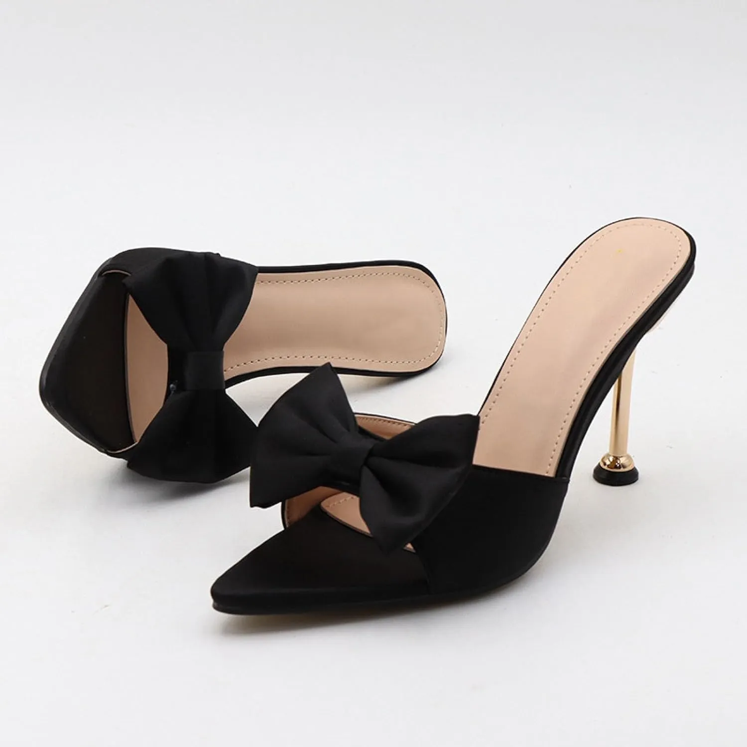 Women's Satin Bow Backless Pointed Toe Stiletto Sandal Summer Fashion Open Toe Slingback Slip On Dress Wedding High Heel Mules for Party Dating Sexy Pumps