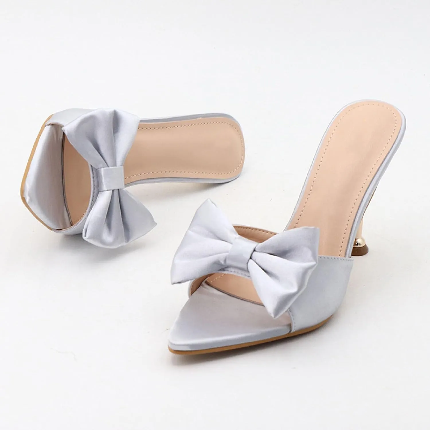 Women's Satin Bow Backless Pointed Toe Stiletto Sandal Summer Fashion Open Toe Slingback Slip On Dress Wedding High Heel Mules for Party Dating Sexy Pumps