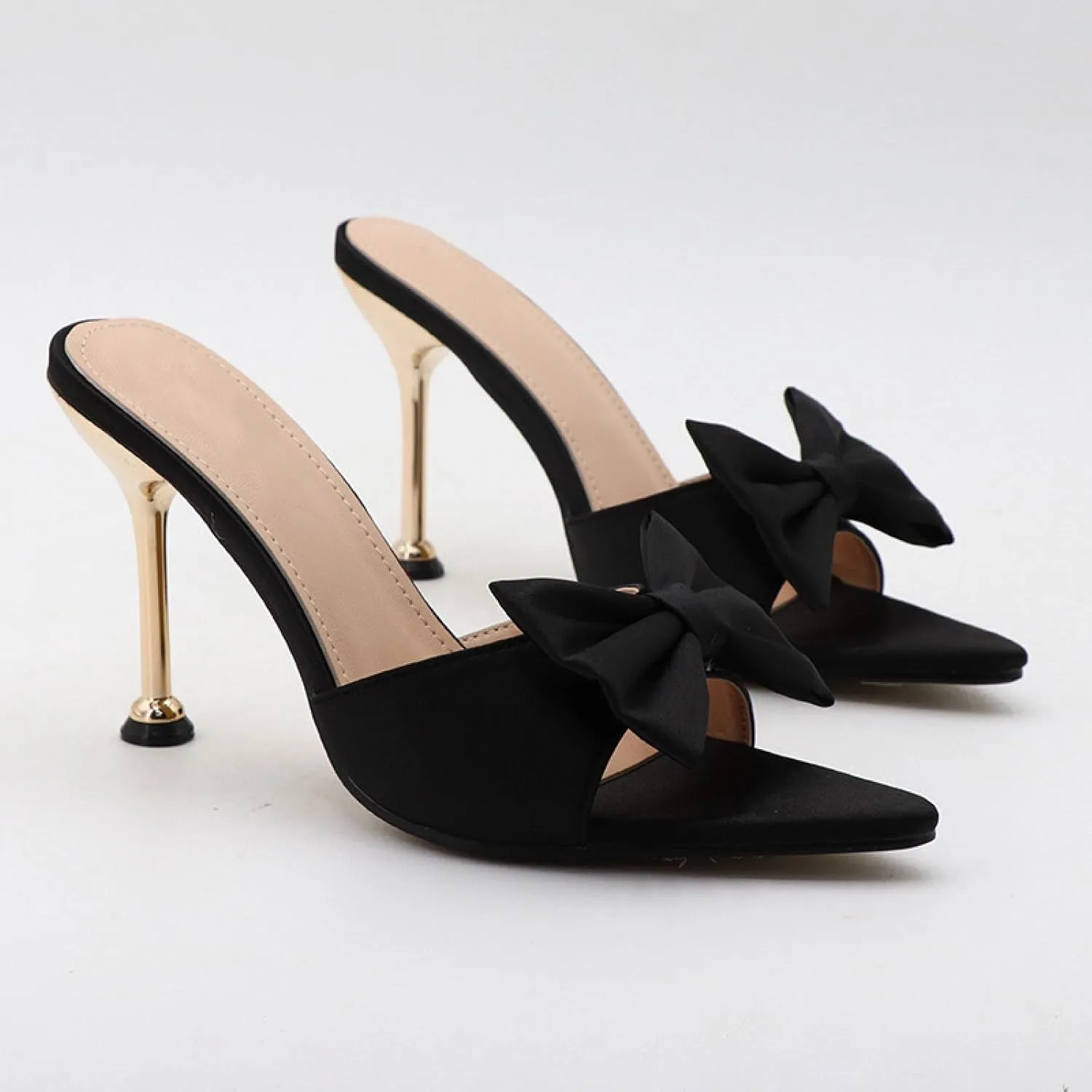Women's Satin Bow Backless Pointed Toe Stiletto Sandal Summer Fashion Open Toe Slingback Slip On Dress Wedding High Heel Mules for Party Dating Sexy Pumps