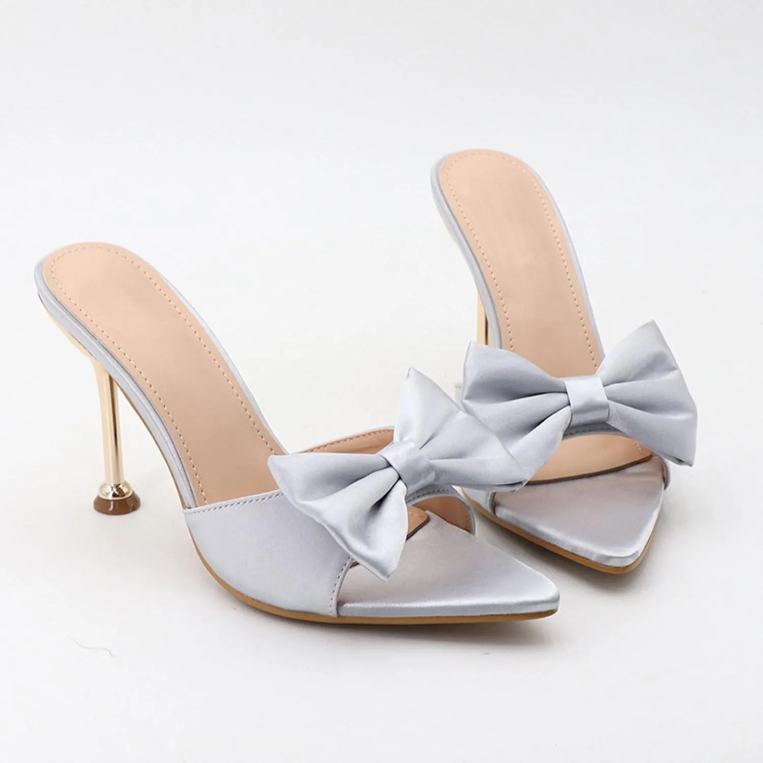 Women's Satin Bow Backless Pointed Toe Stiletto Sandal Summer Fashion Open Toe Slingback Slip On Dress Wedding High Heel Mules for Party Dating Sexy Pumps