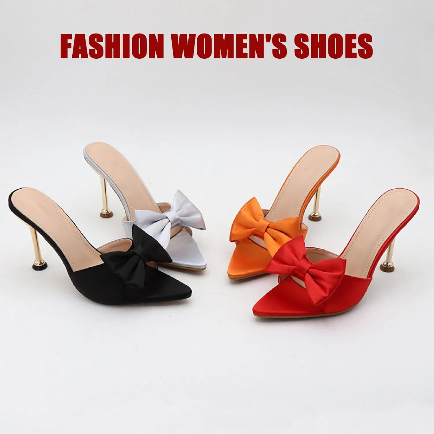 Women's Satin Bow Backless Pointed Toe Stiletto Sandal Summer Fashion Open Toe Slingback Slip On Dress Wedding High Heel Mules for Party Dating Sexy Pumps