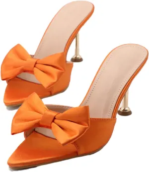 Women's Satin Bow Backless Pointed Toe Stiletto Sandal Summer Fashion Open Toe Slingback Slip On Dress Wedding High Heel Mules for Party Dating Sexy Pumps