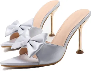 Women's Satin Bow Backless Pointed Toe Stiletto Sandal Summer Fashion Open Toe Slingback Slip On Dress Wedding High Heel Mules for Party Dating Sexy Pumps