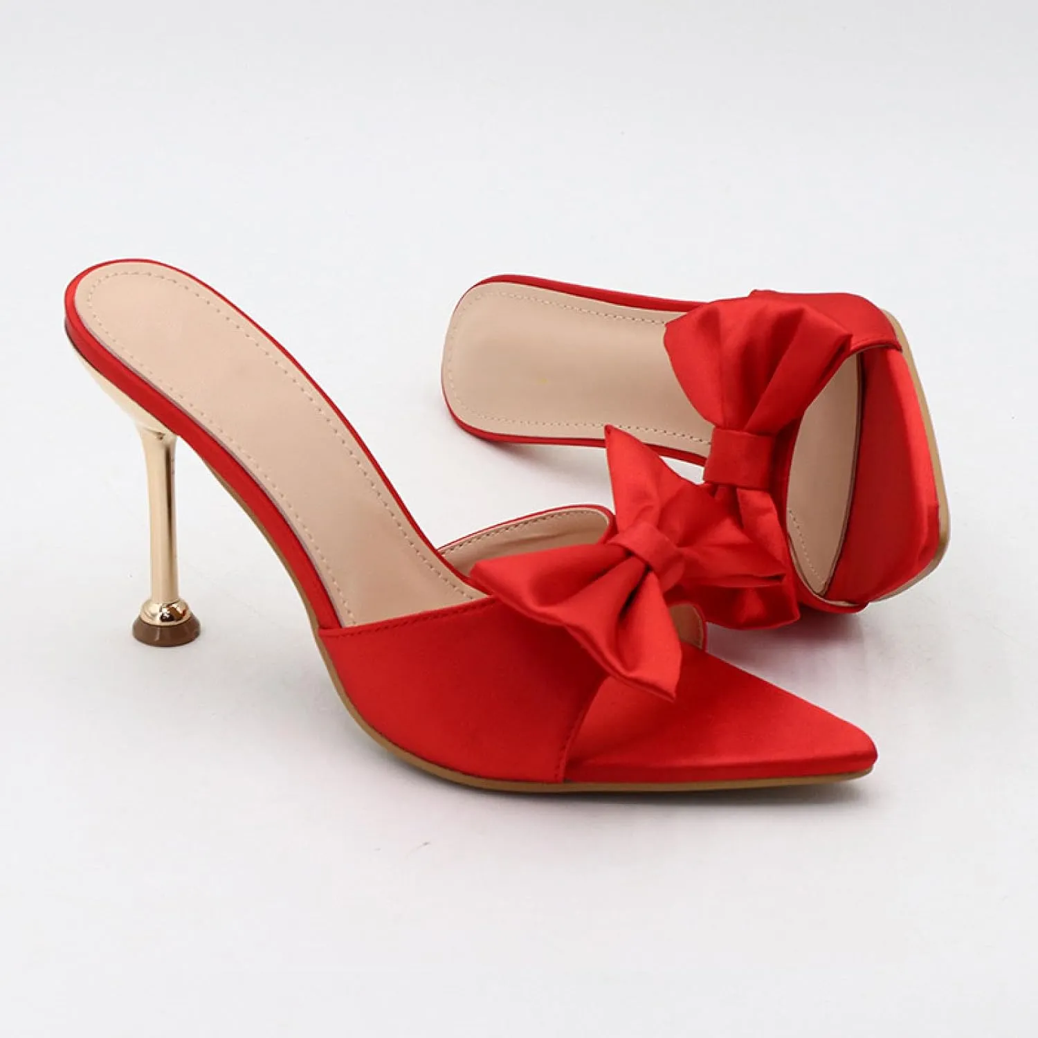 Women's Satin Bow Backless Pointed Toe Stiletto Sandal Summer Fashion Open Toe Slingback Slip On Dress Wedding High Heel Mules for Party Dating Sexy Pumps
