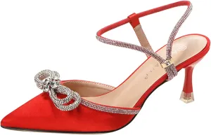 Women's Satin Bow Rhinestone Kitten Heel Pumps Closed Pointed Toe Adjustable Ankle Strap Mid Heel Mule Shoes Sexy Bridal Wedding Party Dress Sandals