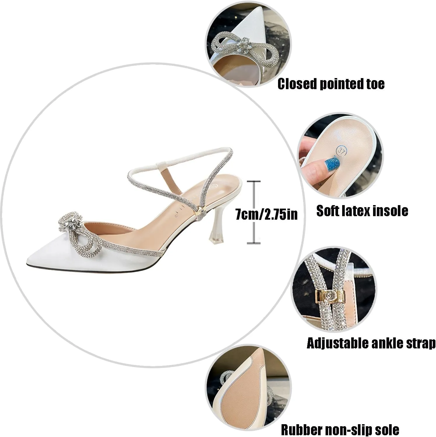 Women's Satin Bow Rhinestone Kitten Heel Pumps Closed Pointed Toe Adjustable Ankle Strap Mid Heel Mule Shoes Sexy Bridal Wedding Party Dress Sandals