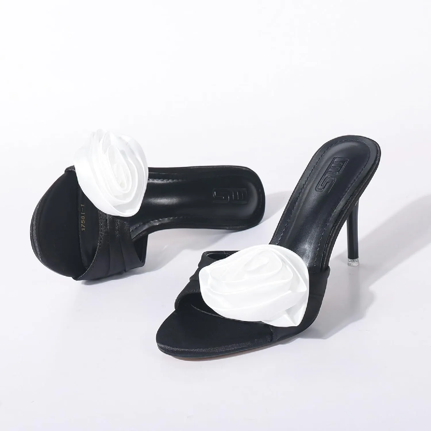 Women'S Satin Flower Stiletto Sandals Comfor Fashion Pointed Toe Slip On High Heel Dress Mules Sexy Party Bridal Wedding Shoes