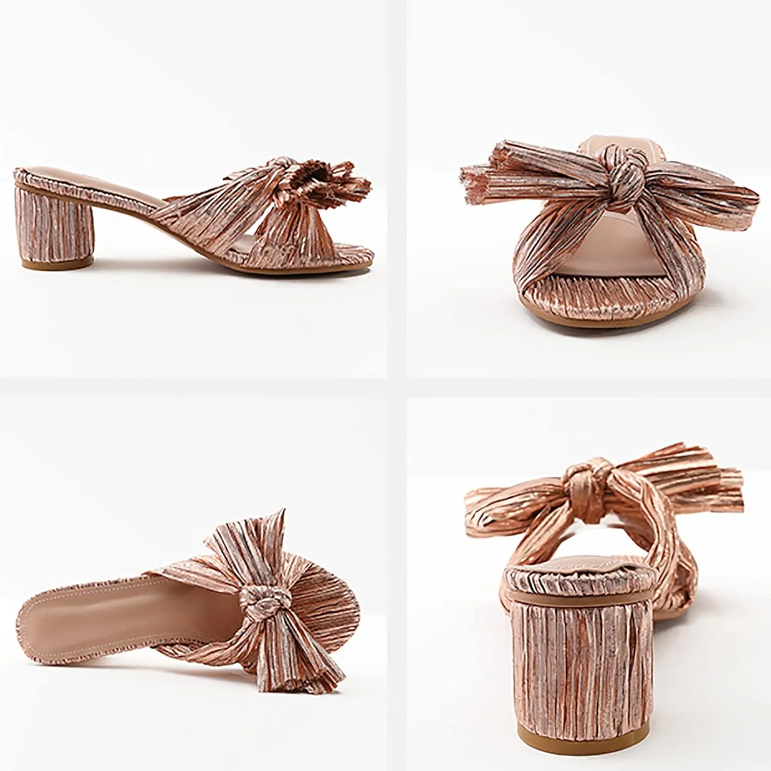 Women's Satin Kitten Heels Mules Sandals Slip On Bowknot Open Toe Backless Dress Low Heeled Slipper Slides