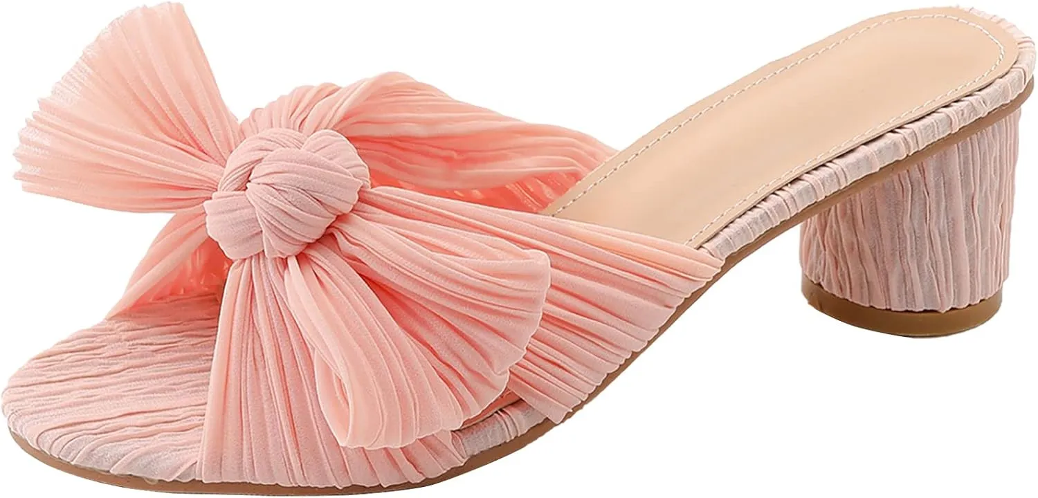 Women's Satin Kitten Heels Mules Sandals Slip On Bowknot Open Toe Backless Dress Low Heeled Slipper Slides