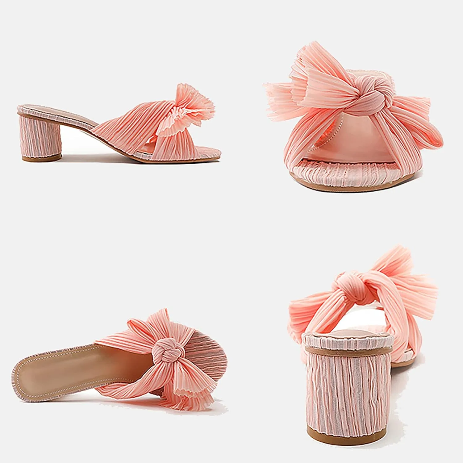 Women's Satin Kitten Heels Mules Sandals Slip On Bowknot Open Toe Backless Dress Low Heeled Slipper Slides